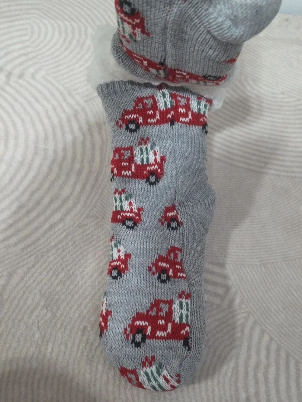 Maurices Gray Teddy Socks with Red Truck Pattern and White Sherpa Cuff
